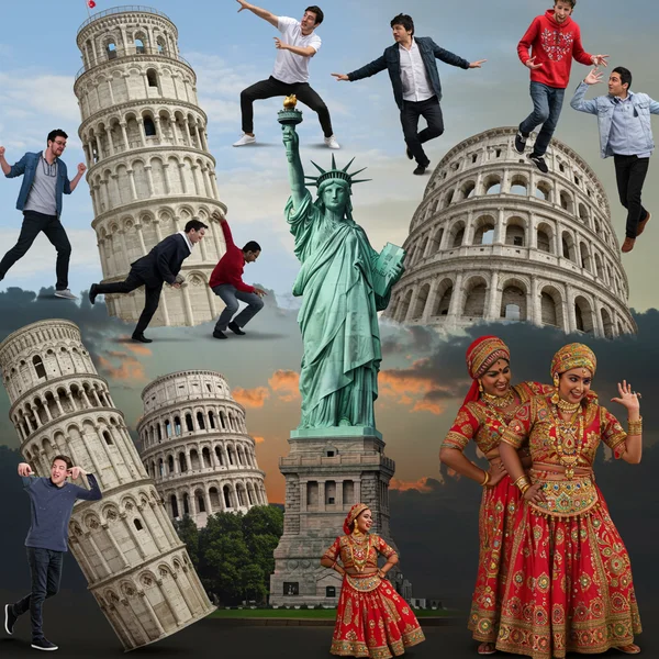 Montage of global landmarks and figures being acted out