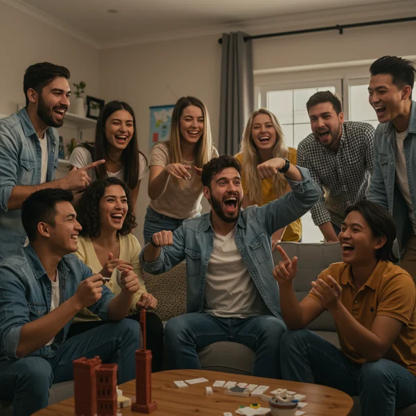 Diverse friends playing charades with global themes