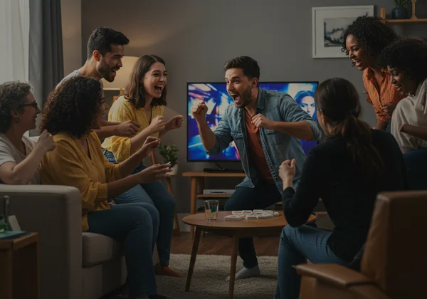 Friends laughing, playing charades with TV show theme