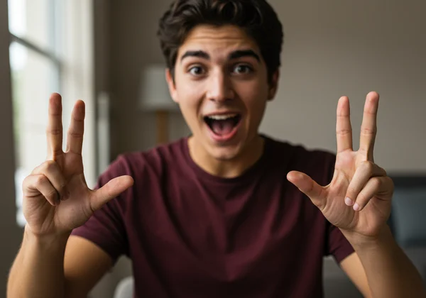 Person using hand gestures for charades clues