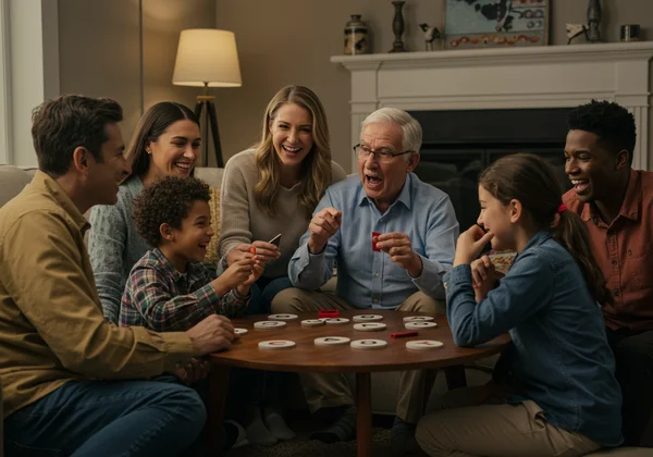 Multi-generational family playing charades joyfully
