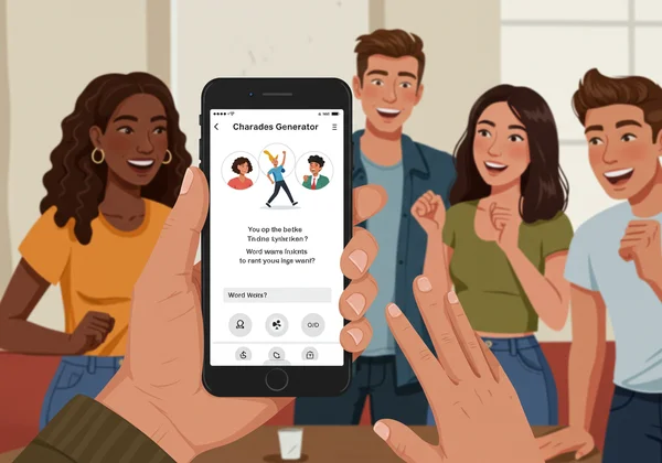 Person using a charades generator on a phone, group ready