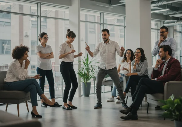 Colleagues playing charades for team building, communicating