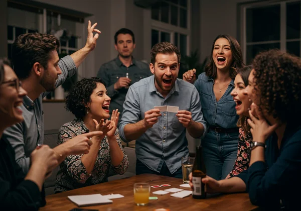 Adults playing charades at a lively party