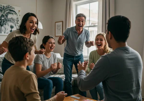 Family laughing, playing charades in a living room