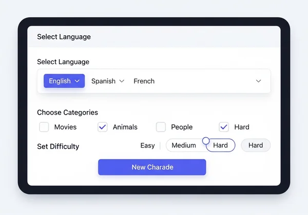 Screenshot of charades generator with language options