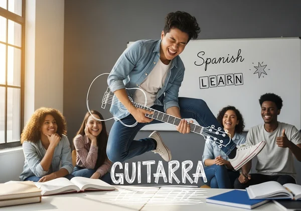 Student learning Spanish by acting out "guitarra"