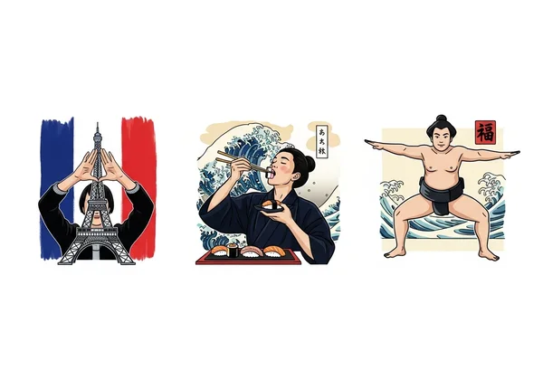 People miming international cultural concepts in charades