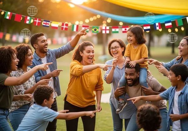 Diverse group playing charades, symbolizing global fun