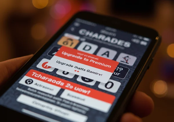 Phone screen showing charades app with ads and paywall