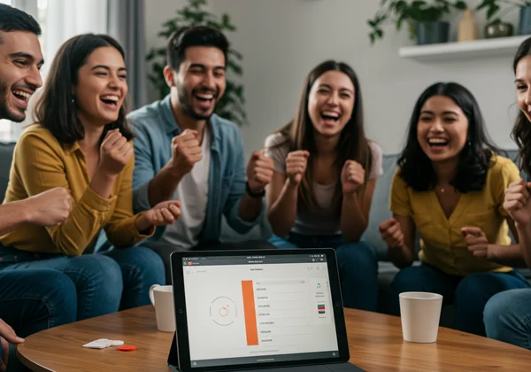 Diverse group playing charades with multi-language prompts