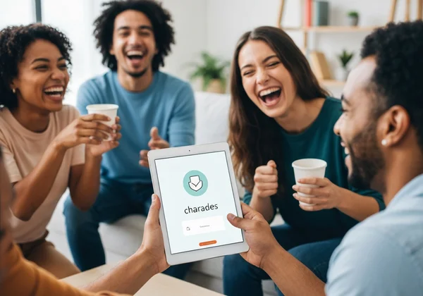 People playing charades using an instant online generator on a tablet