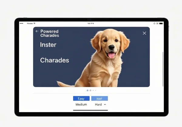 Charades game with a dynamic image clue for "dog" on a screen