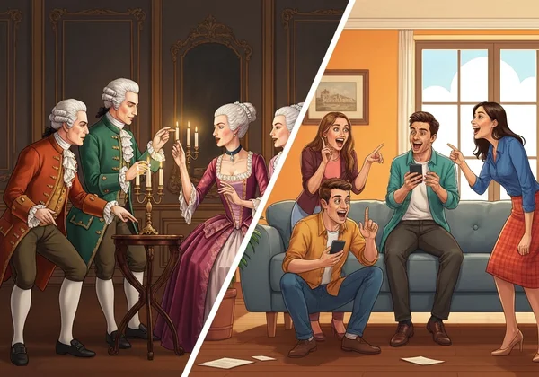 Orang bermain charades, menunjukkan evolusi menyeronokkan