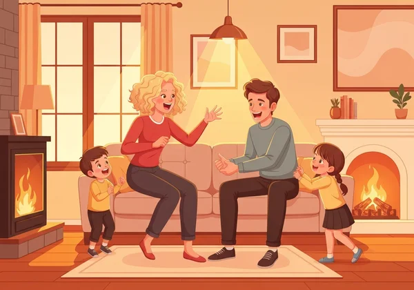 Keluarga menikmati charades pada malam permainan