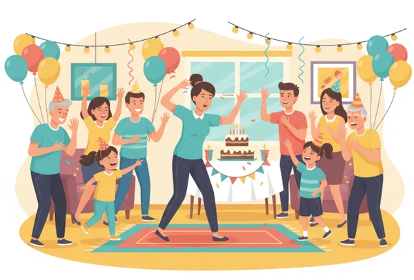 Diverse group playing charades at a birthday party